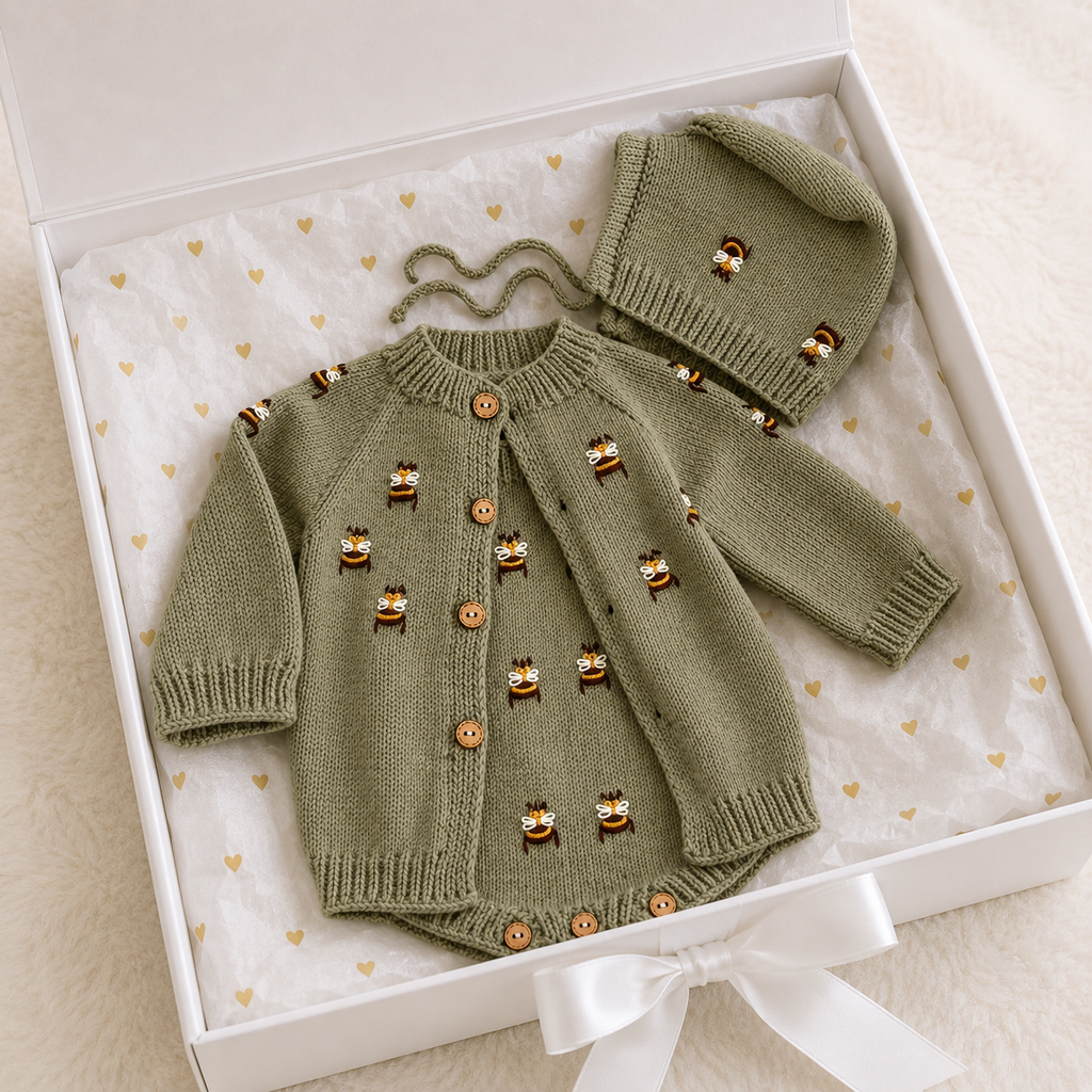 100% Hand Knitted Newborn Bee Detail 3-Piece Set – Romper, Cardigan & Bonnet