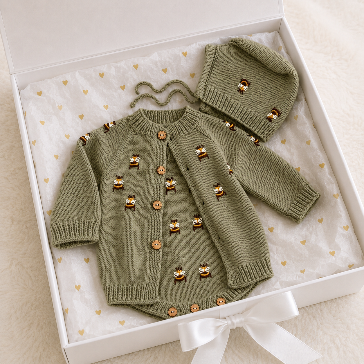 Hand Knitted Newborn Bee Detail 3-Piece Set – Romper, Cardigan & Bonnet