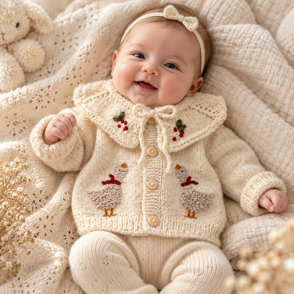 Cream knit baby cardigan with embroidered birds and button front, worn on newborn