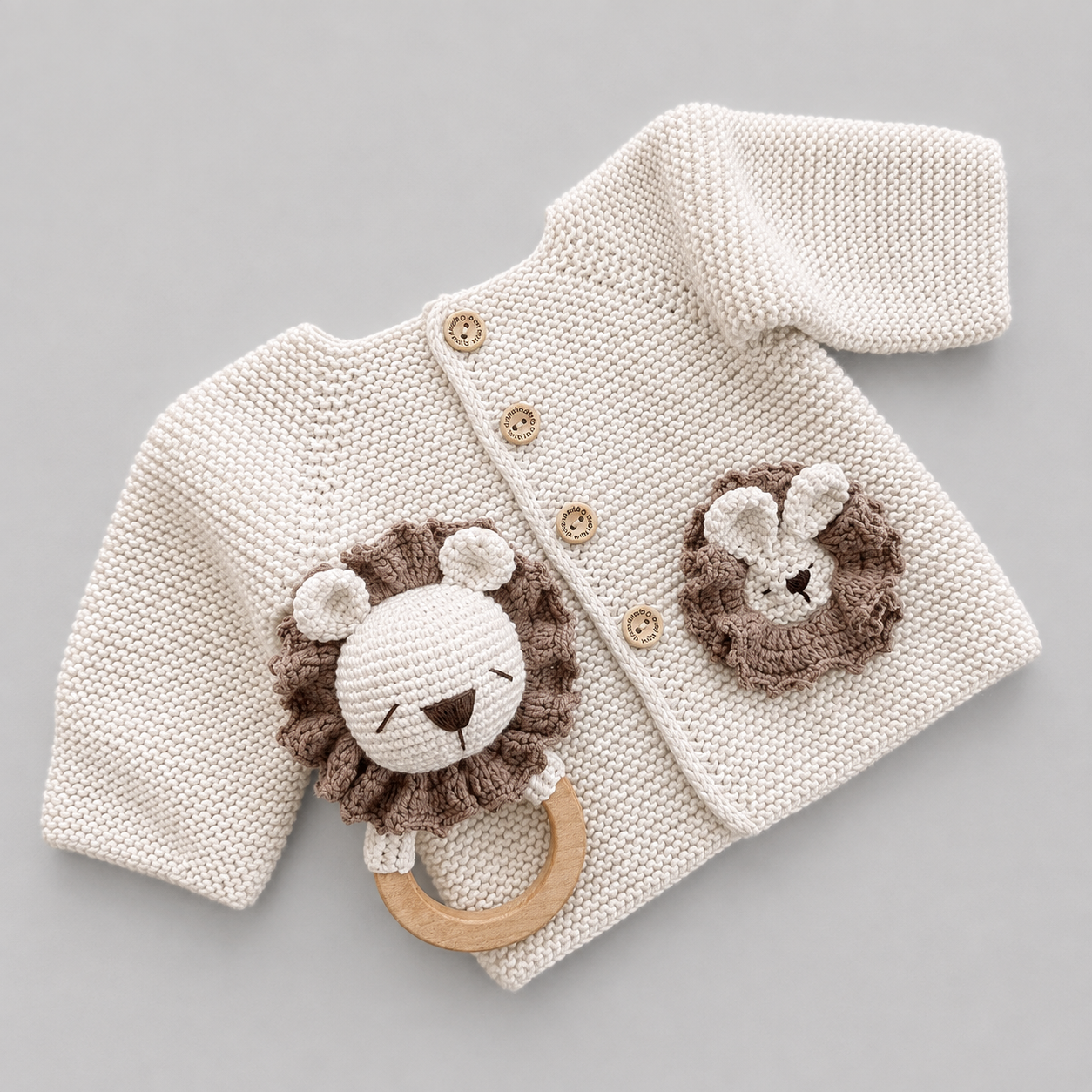 Hand Knitted Newborn Cardigan & Lion Rattle 2-Piece Set