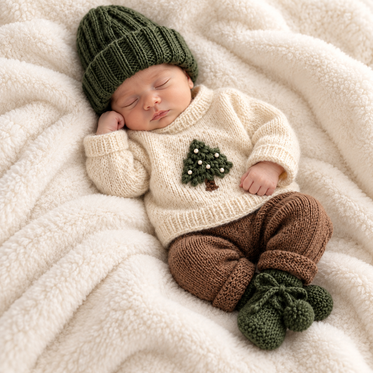 Newborn wearing knitted set: cream pine tree sweater, brown pants, green hat and booties