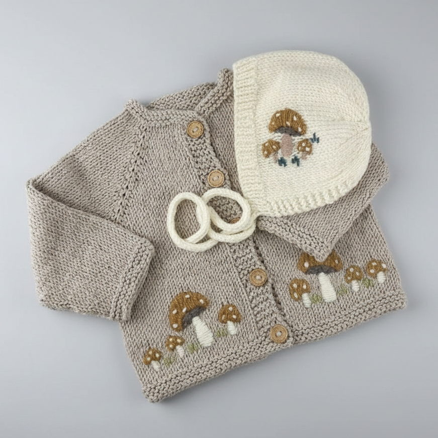100% Hand Knitted Newborn Mushrooms Detail 3-Piece Set – Cardigan, Bonnet & Trousers, mushroom detail cardigan and matching bonnet