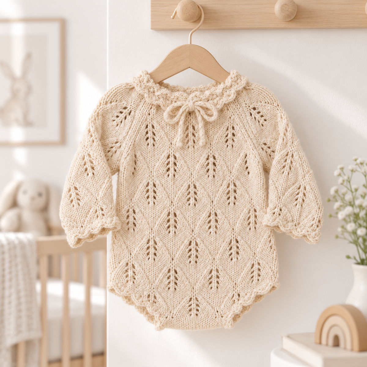 Cream handmade crochet newborn girl romper with long sleeves and bow neck tie