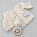 100% Hand Knitted Newborn Cardigan & Bunny Rattle 2-Piece Set