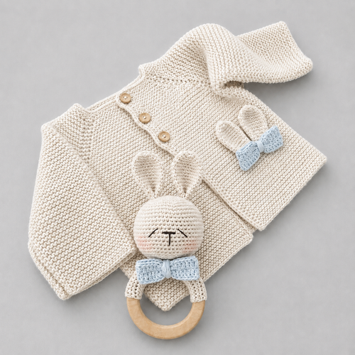 Hand Knitted Newborn Cardigan & Bunny Rattle 2-Piece Set