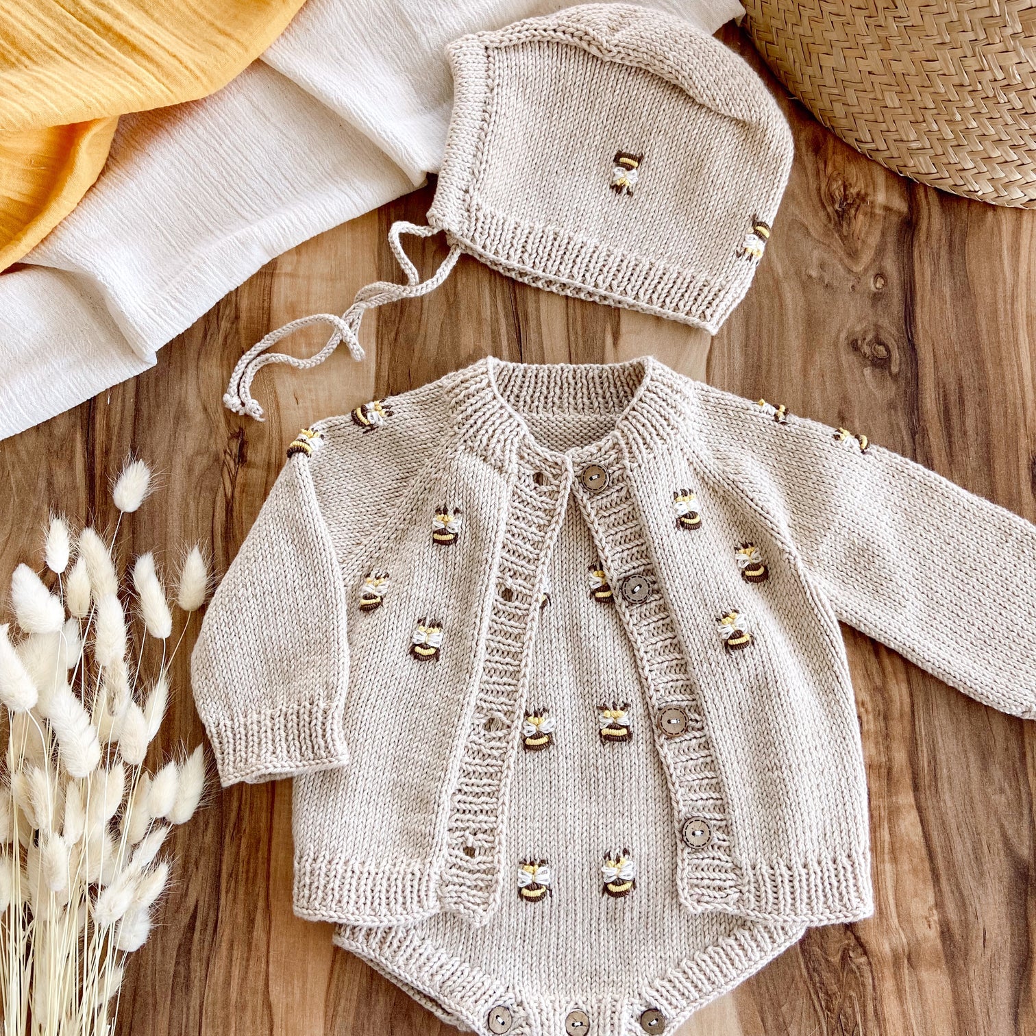 Hand Knitted Newborn Bee Detail 3-Piece Set – Romper, Cardigan & Bonnet