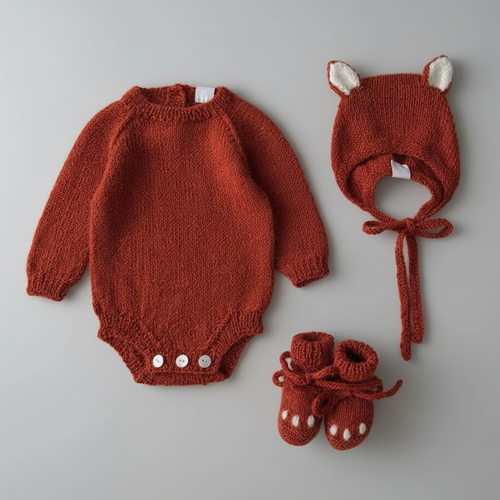 100% Hand Knitted Newborn 3-Piece Set – Orange Romper, Bonnet & Booties