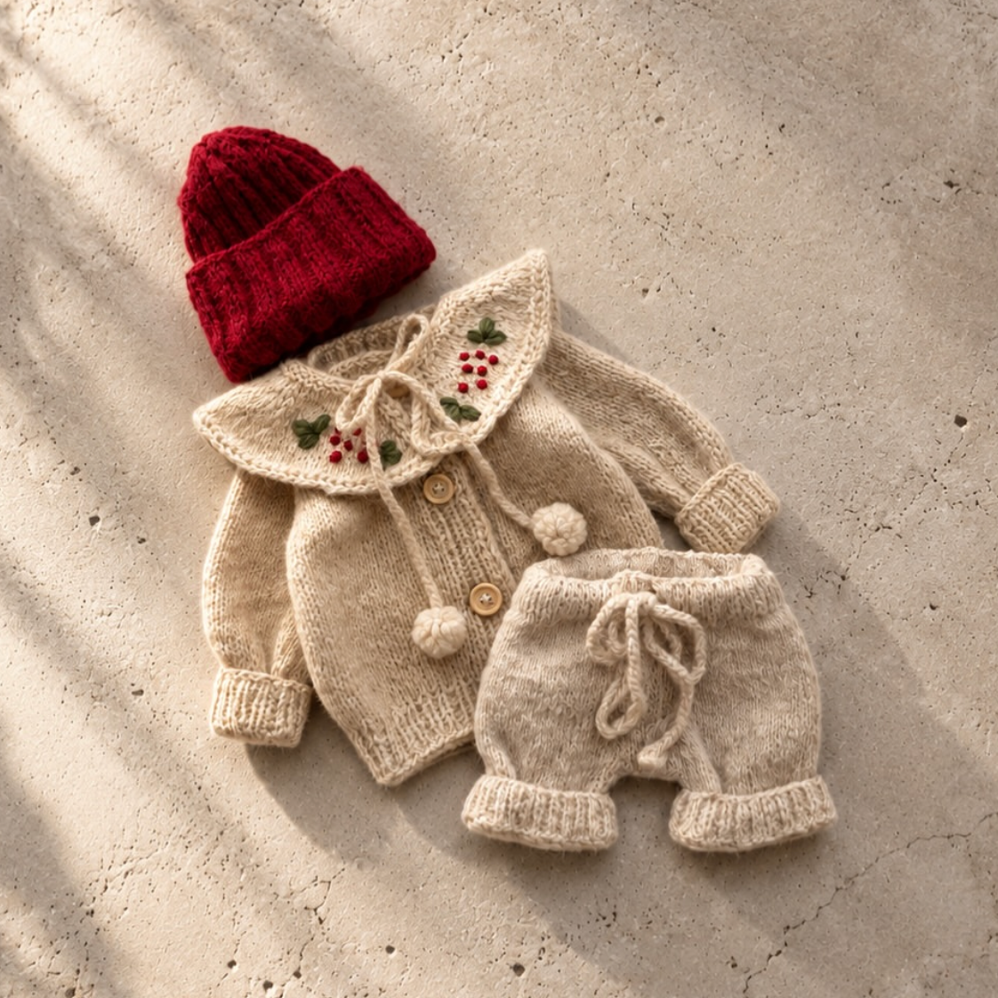 Beige knitted newborn cardigan, pants with bow ties, and red knit beanie set