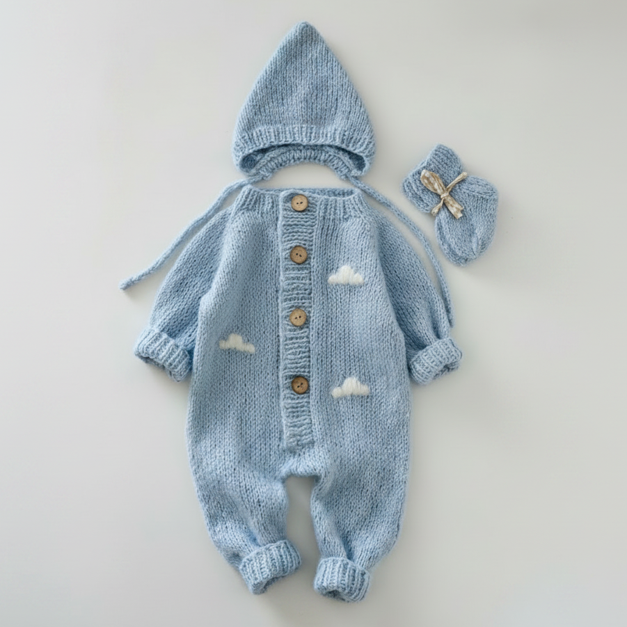 100% Hand Knitted Newborn Clouds Detail 3-Piece Set – Blue Romper, Bonnet & Booties for babies aged 0–6 months