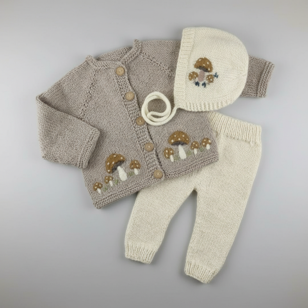 100% Hand Knitted Newborn Mushrooms Detail 3-Piece Set – Cardigan, Bonnet & Trousers, cream knitted trousers and coordinated outfit