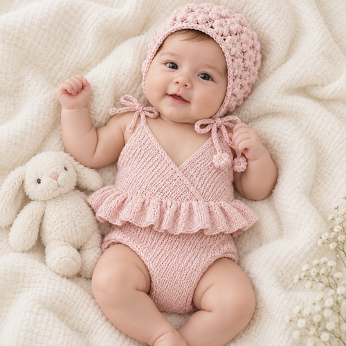 Pink hand-knit newborn romper with ruffled hem and matching bonnet