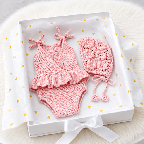 Pink knitted romper and bonnet set laid flat in gift box