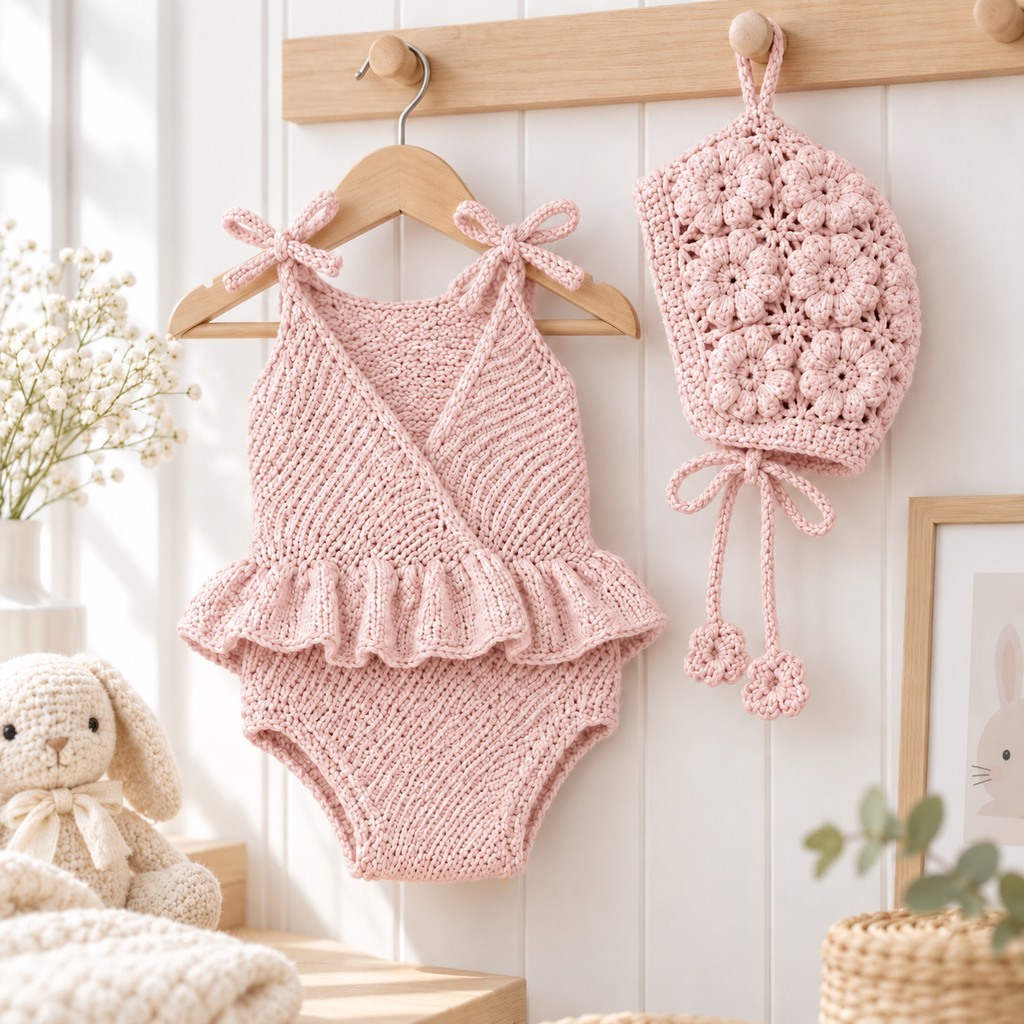Pink knitted newborn romper with ruffled hem and matching bonnet