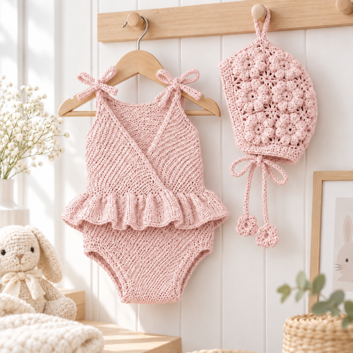 Pink knitted newborn romper with ruffled hem and matching bonnet
