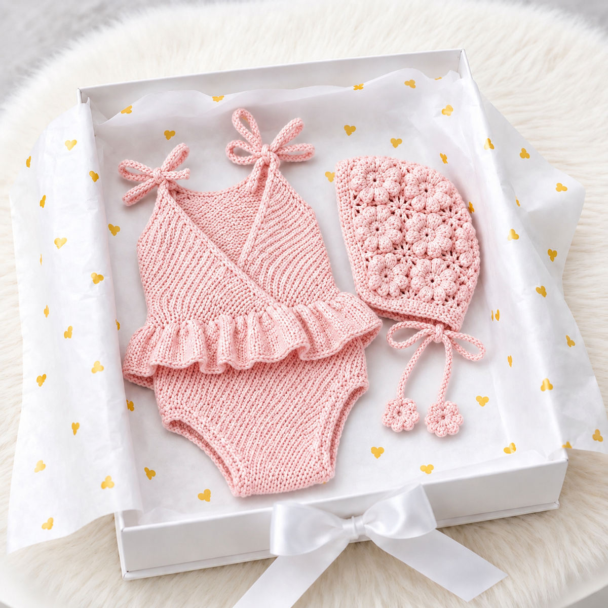 Pink newborn romper set with crochet texture and matching bonnet, flat lay