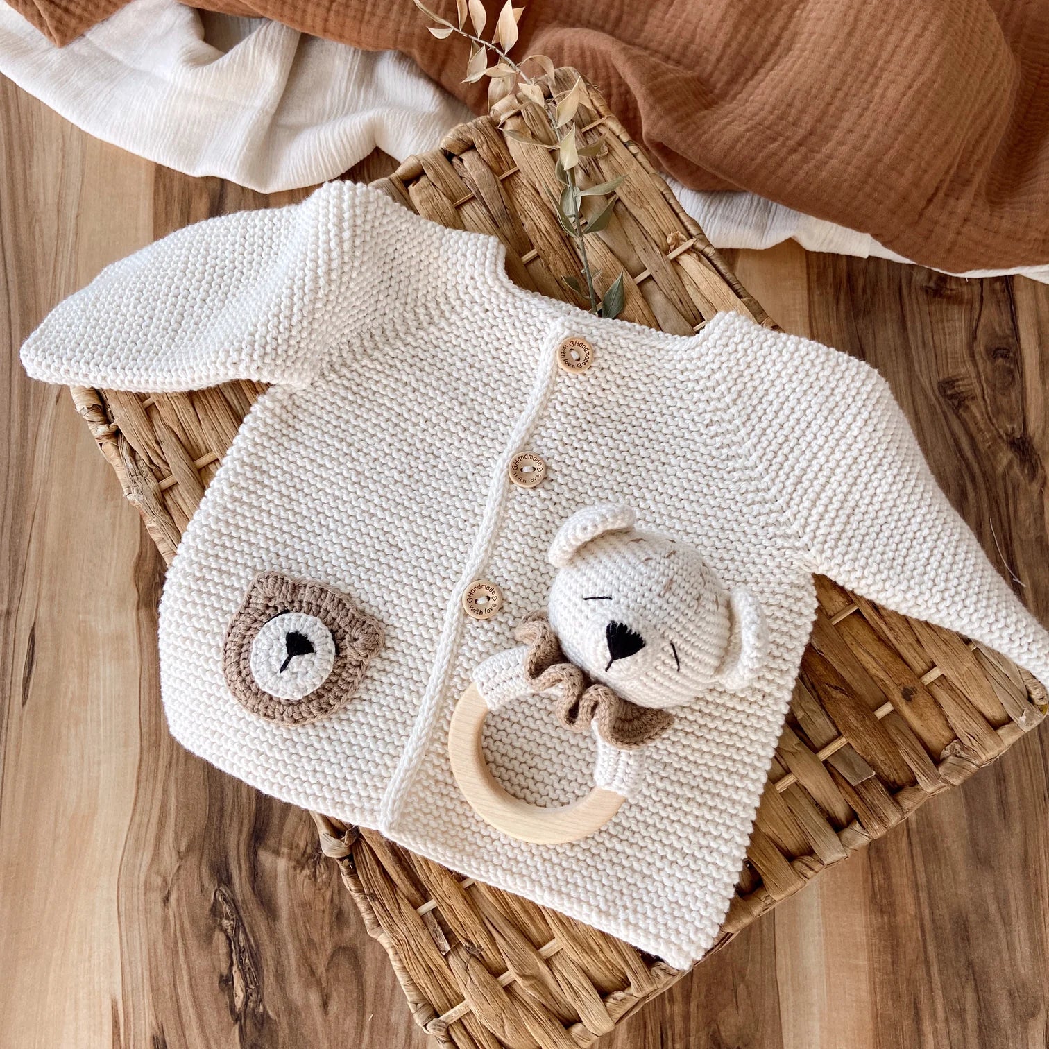 Hand Knitted Newborn Cardigan & Bear Rattle 2-Piece Set