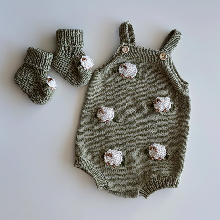 Hand Knitted Newborn Sheep Romper & Booties Set – Sage Green