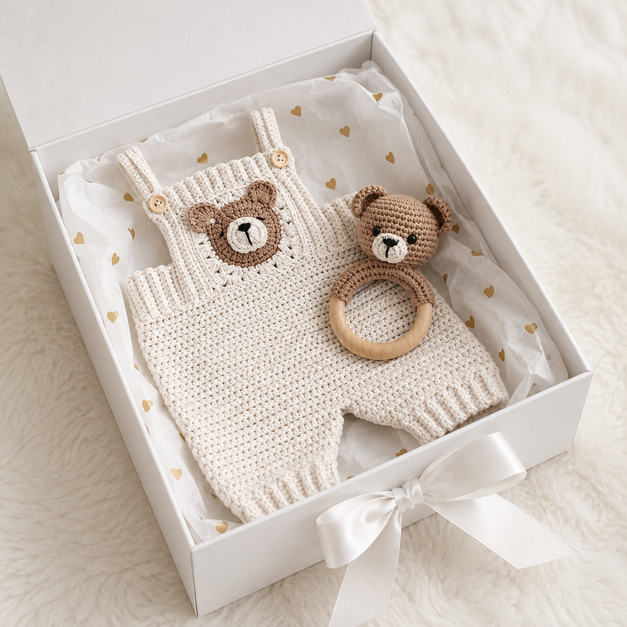 Hand Knitted Newborn Baby Romper & Teddy Bear Rattle 2-Piece Set