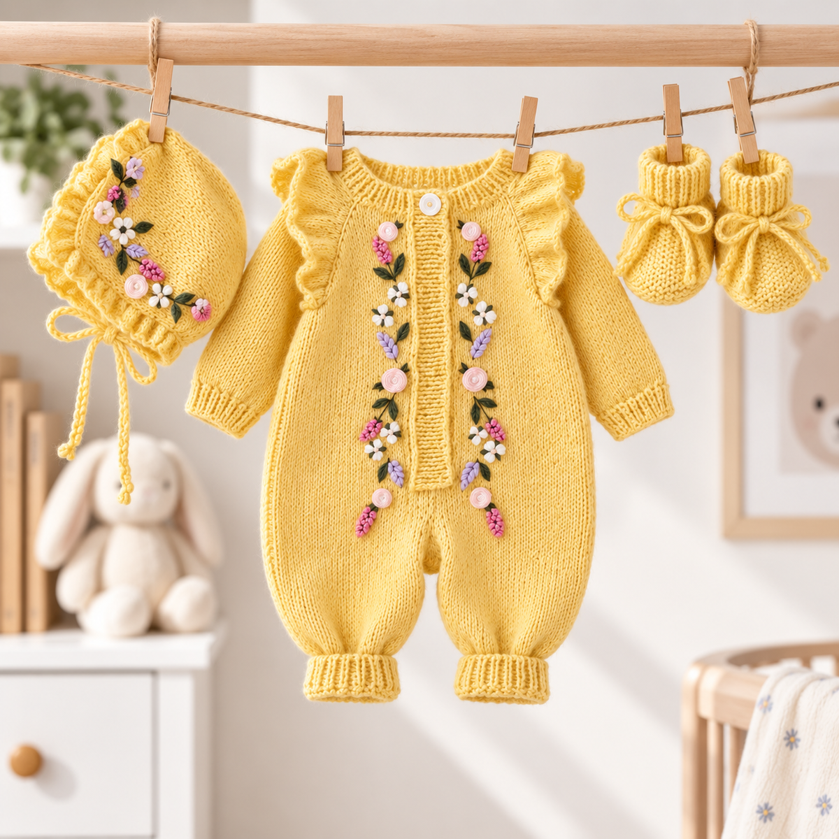 Newborn knit yellow romper set with floral embroidery, matching bonnet and booties