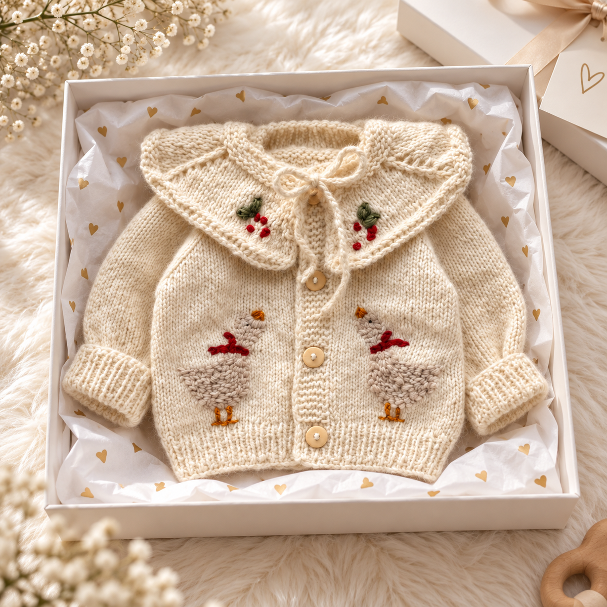 Cream knitted newborn cardigan with embroidered birds and button front, in gift box