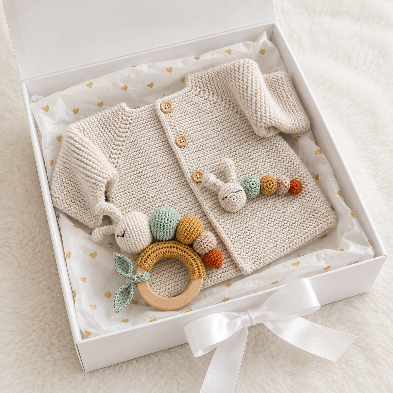 Hand Knitted Newborn Cardigan & Caterpillar Rattle 2-Piece Set