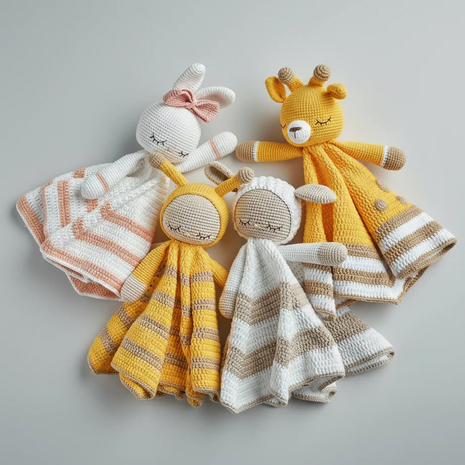 Crochet newborn sleeping mate with cute animal plush and striped blanket