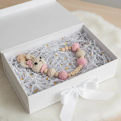 Crochet bunny dummy clip with pastel bead chain and name letter blocks