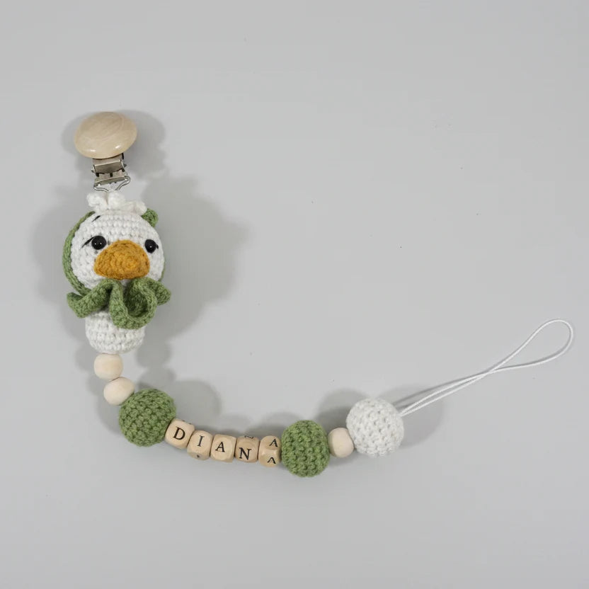 Crochet owl dummy clip with beaded name letters and pacifier clip at top