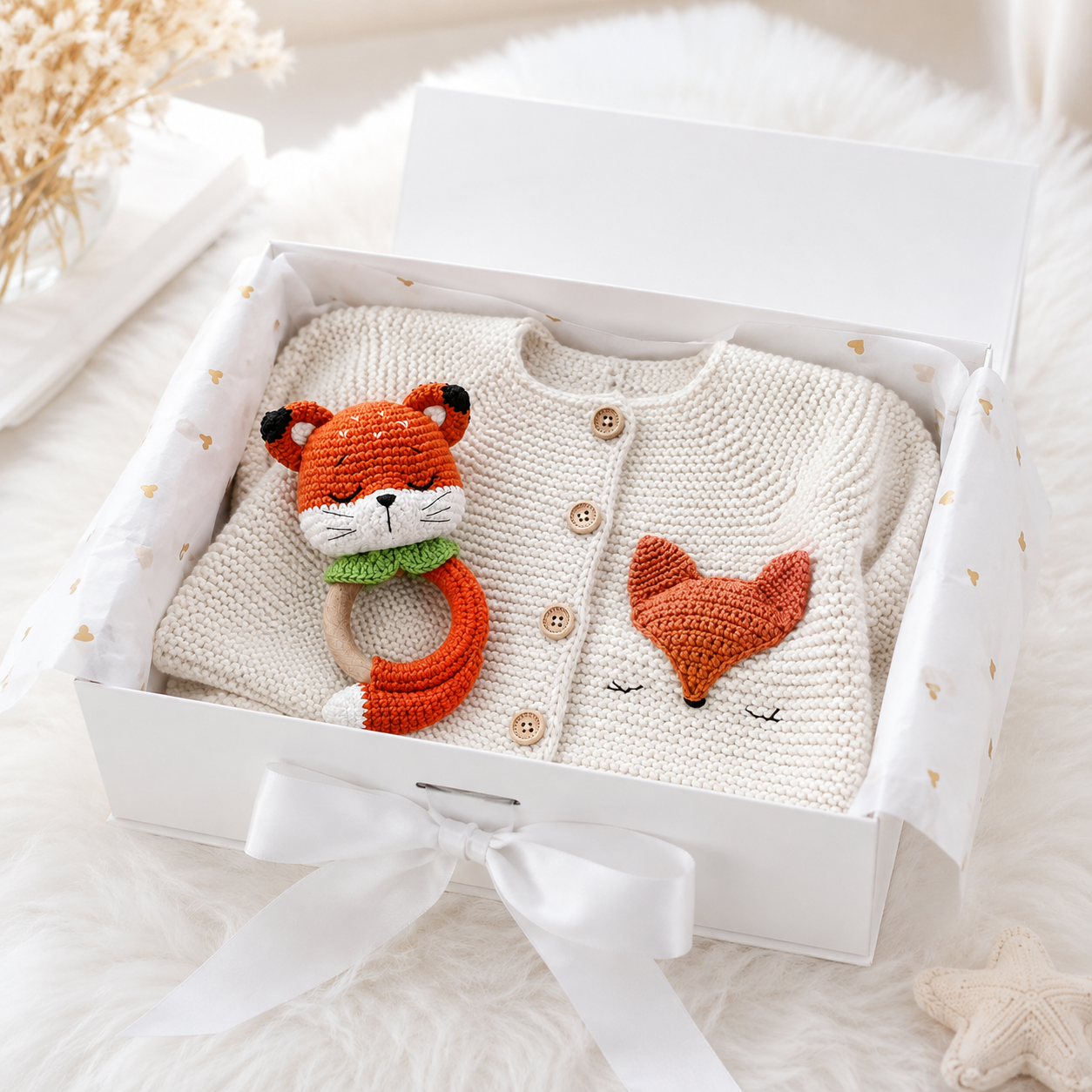 Hand Knitted Newborn Cardigan & Fox Rattle 2-Piece Set