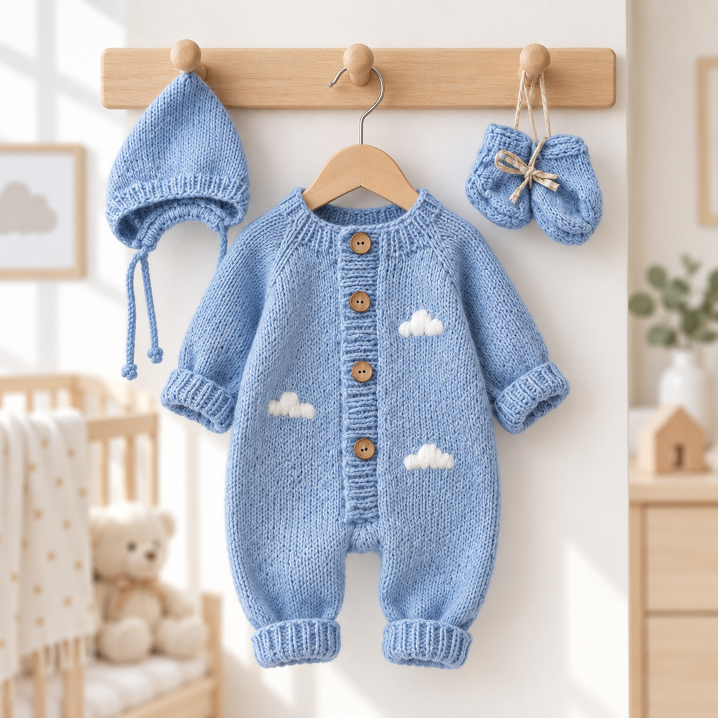 Hand-knitted newborn blue cloud romper set with matching bonnet and knit booties