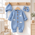 Hand-knitted newborn blue cloud romper set with matching bonnet and knit booties