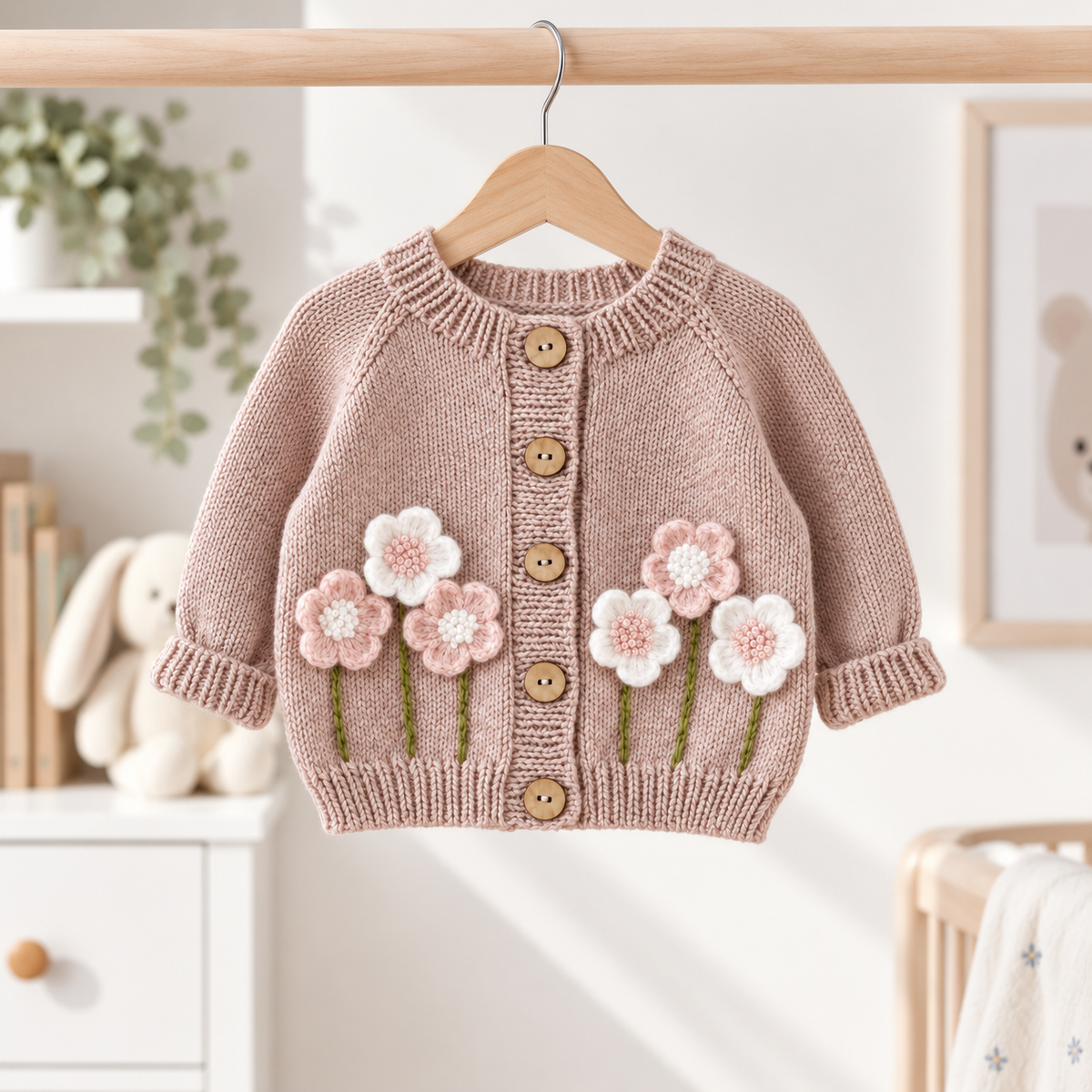 Newborn pink floral knit cardigan with button front and 3D flower appliques