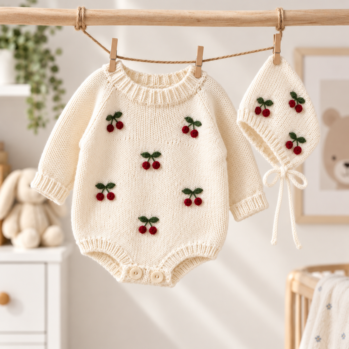 White hand-knit newborn romper with cherry appliques, ribbed cuffs, snap-button legs
