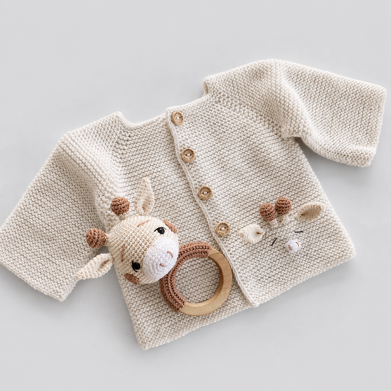 Hand Knitted Newborn Cardigan & Giraffe Rattle 2-Piece Set