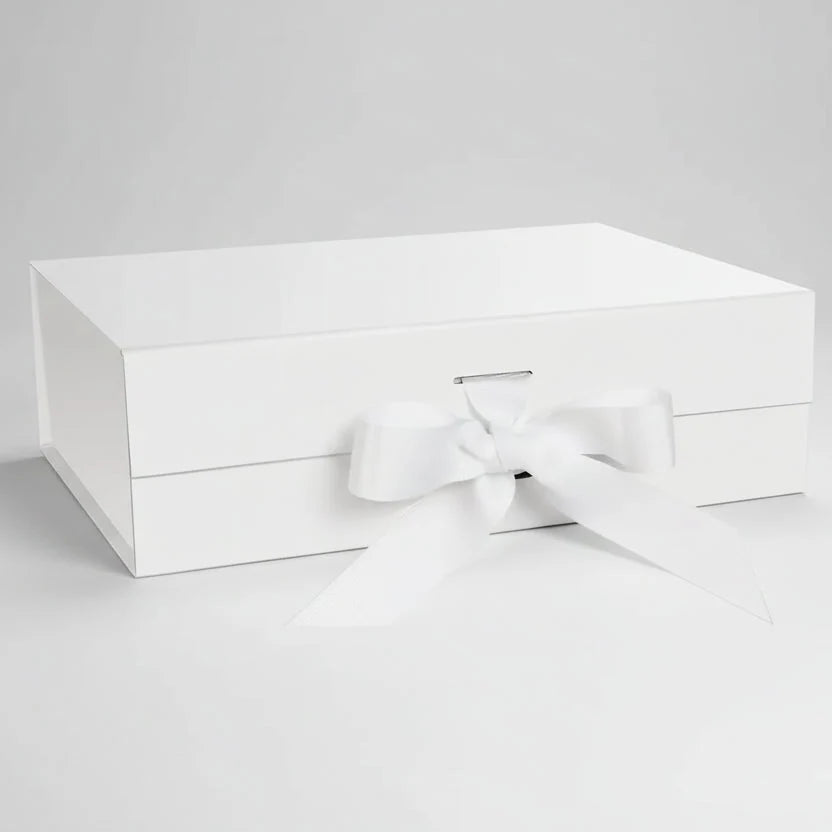 White rectangular gift box with drawer-style front and white bow ribbon