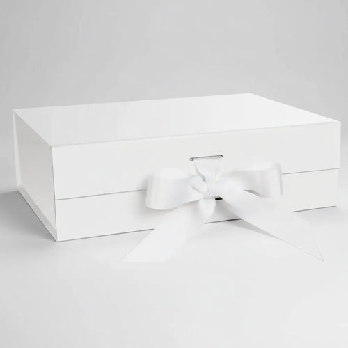 White rectangular gift box with drawer-style front and white bow ribbon