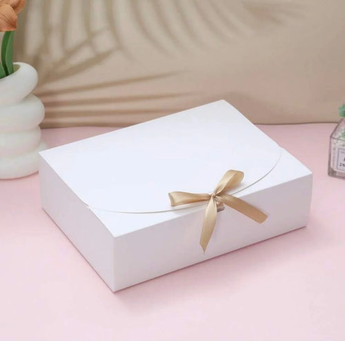 Eco-friendly gift box with gold satin ribbon bow, white lid and base
