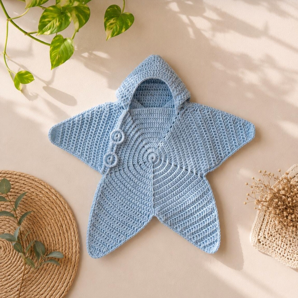 Light blue crochet baby star poncho with hood, button detail and spiral stitch pattern