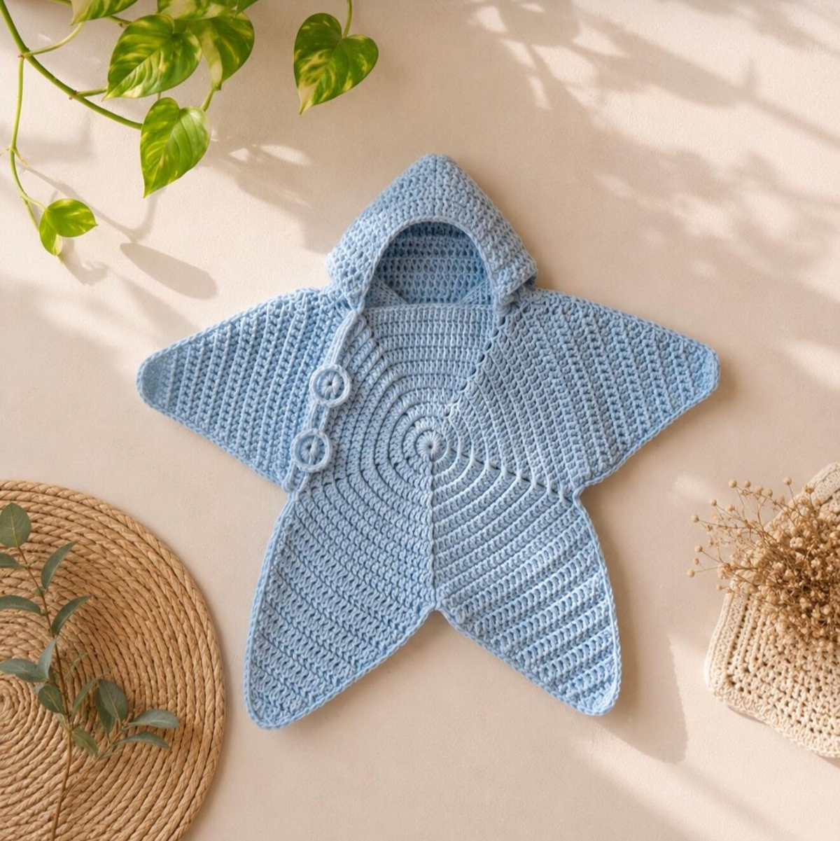 Light blue crochet baby star poncho with hood, button detail and spiral stitch pattern