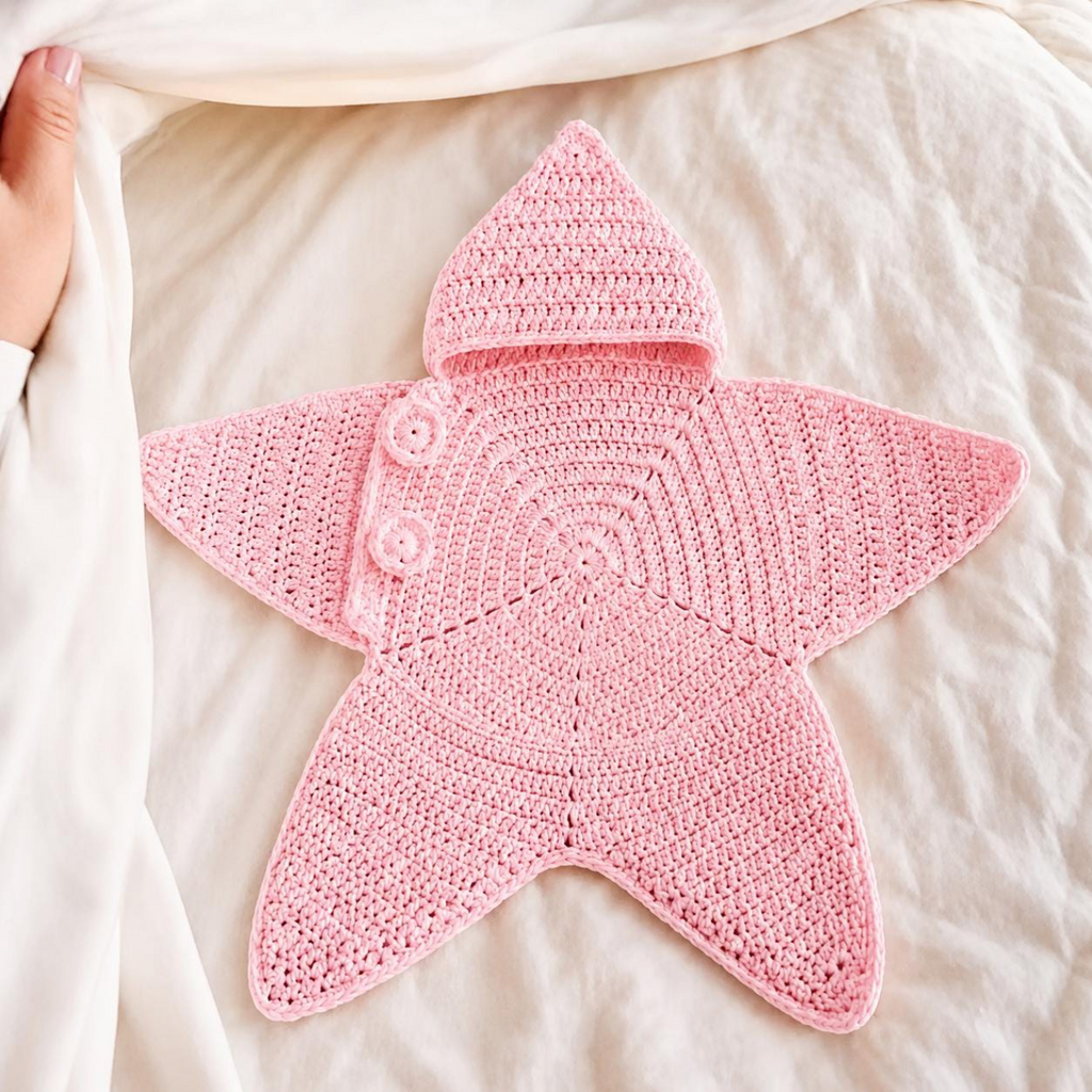 Pink crochet baby star poncho with hood, button detail and spiral front panel