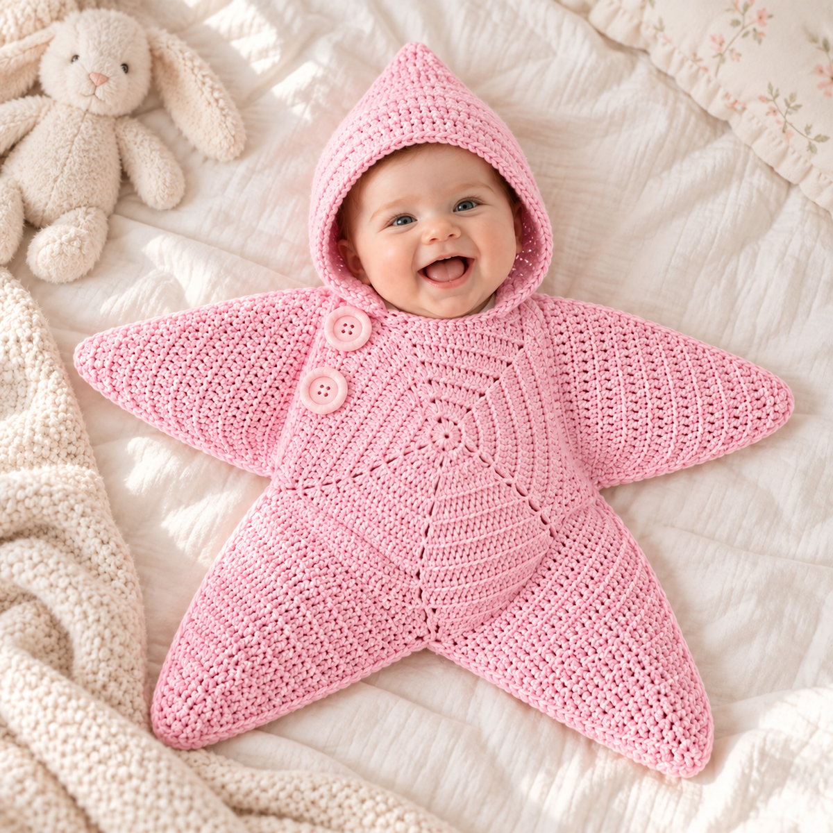 Pink crochet star baby poncho with hood, worn by a smiling infant