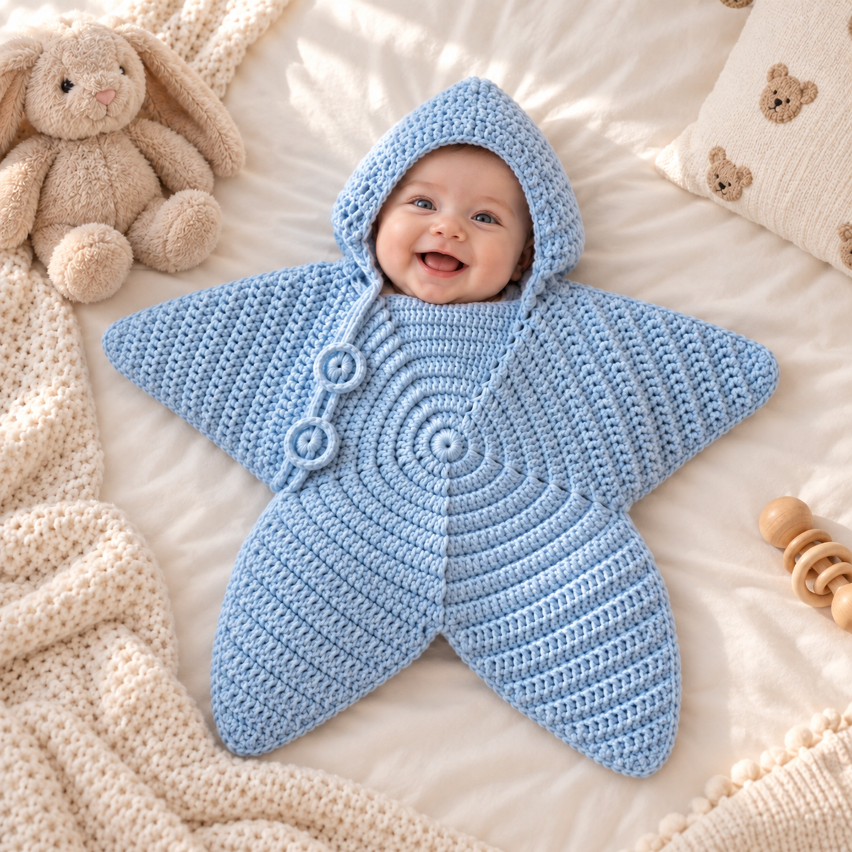 Light blue crochet star baby poncho with hood, worn by a smiling infant