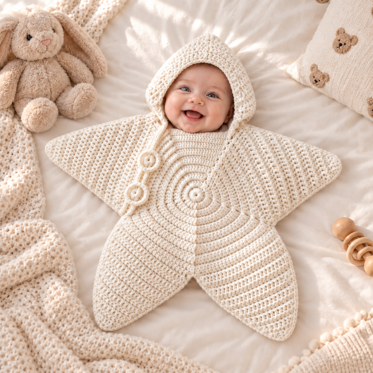 Cream crochet star baby poncho with hood, worn by a smiling infant