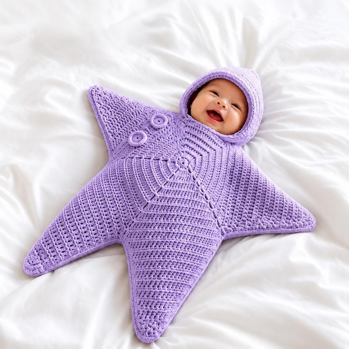 Purple crochet star baby poncho with hood, worn by a smiling infant