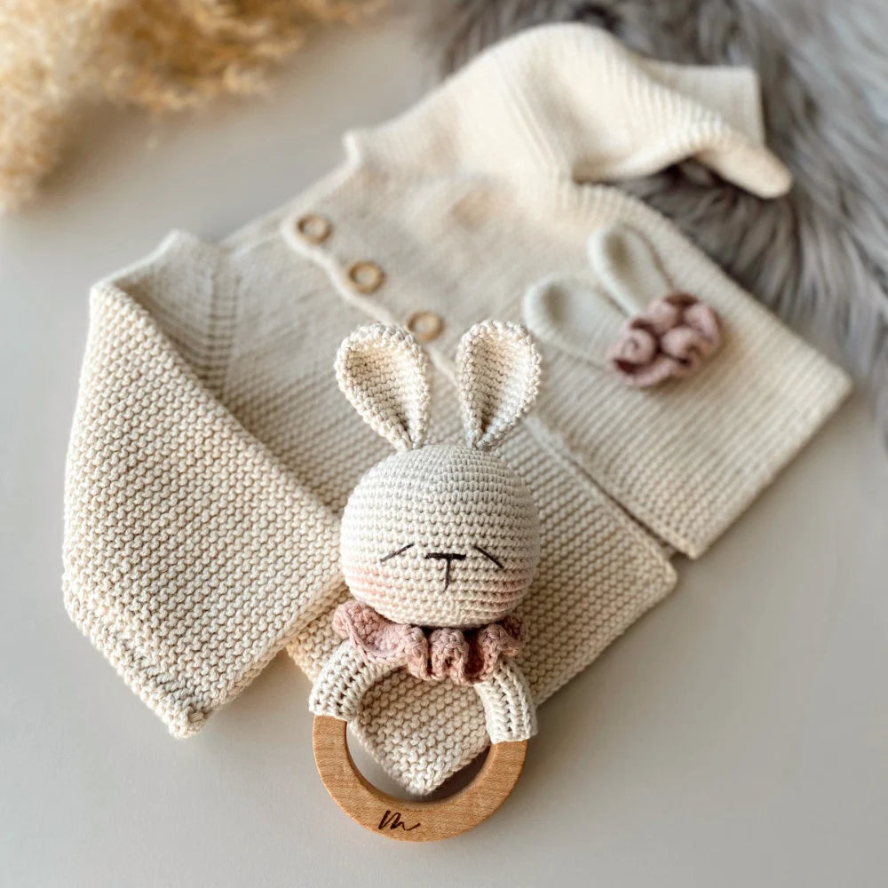 Hand Knitted Newborn Cardigan & Bunny Rattle 2-Piece Set