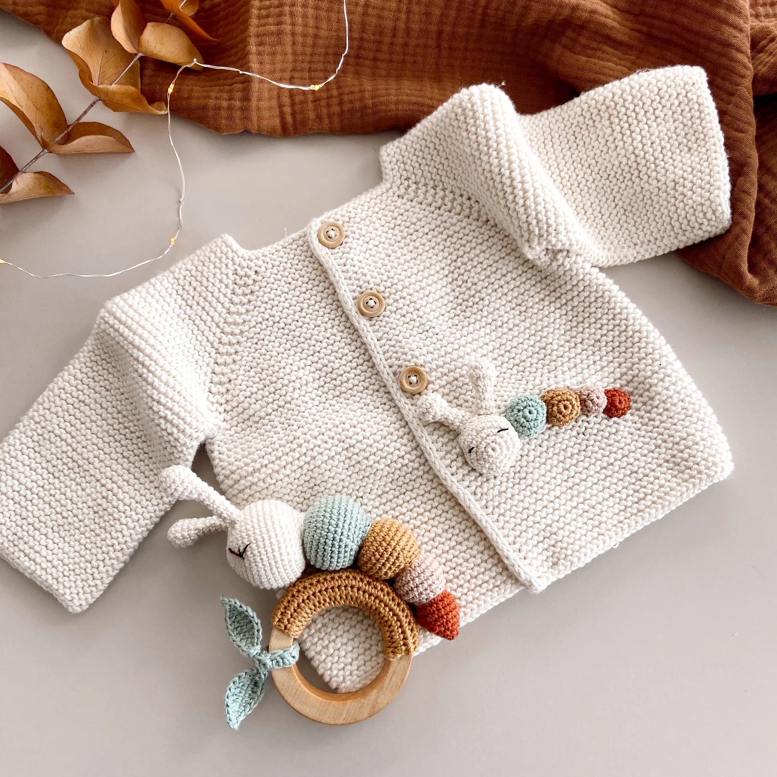 Hand Knitted Newborn Cardigan & Caterpillar Rattle 2-Piece Set