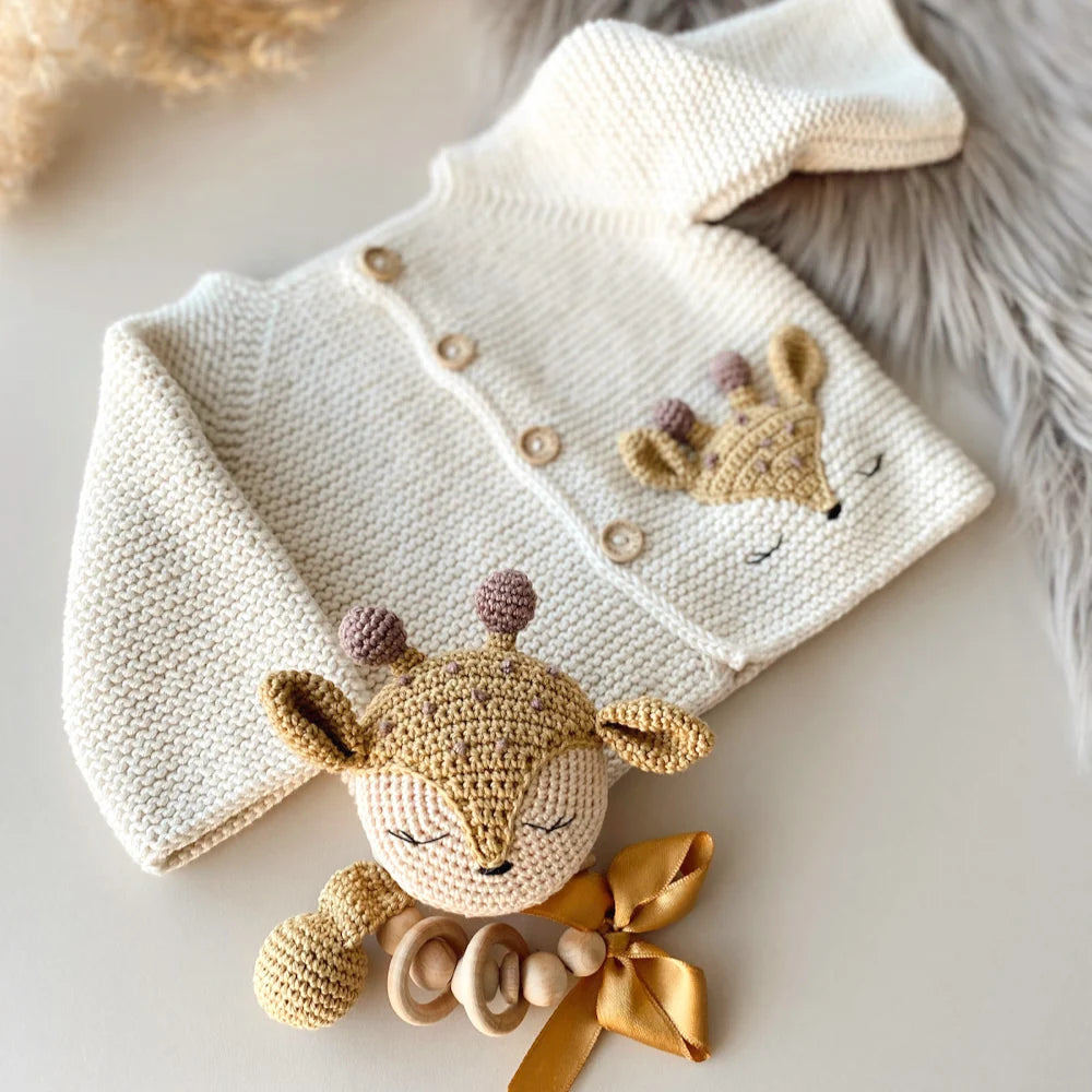 Hand Knitted Newborn Cardigan & Deer Rattle 2-Piece Set