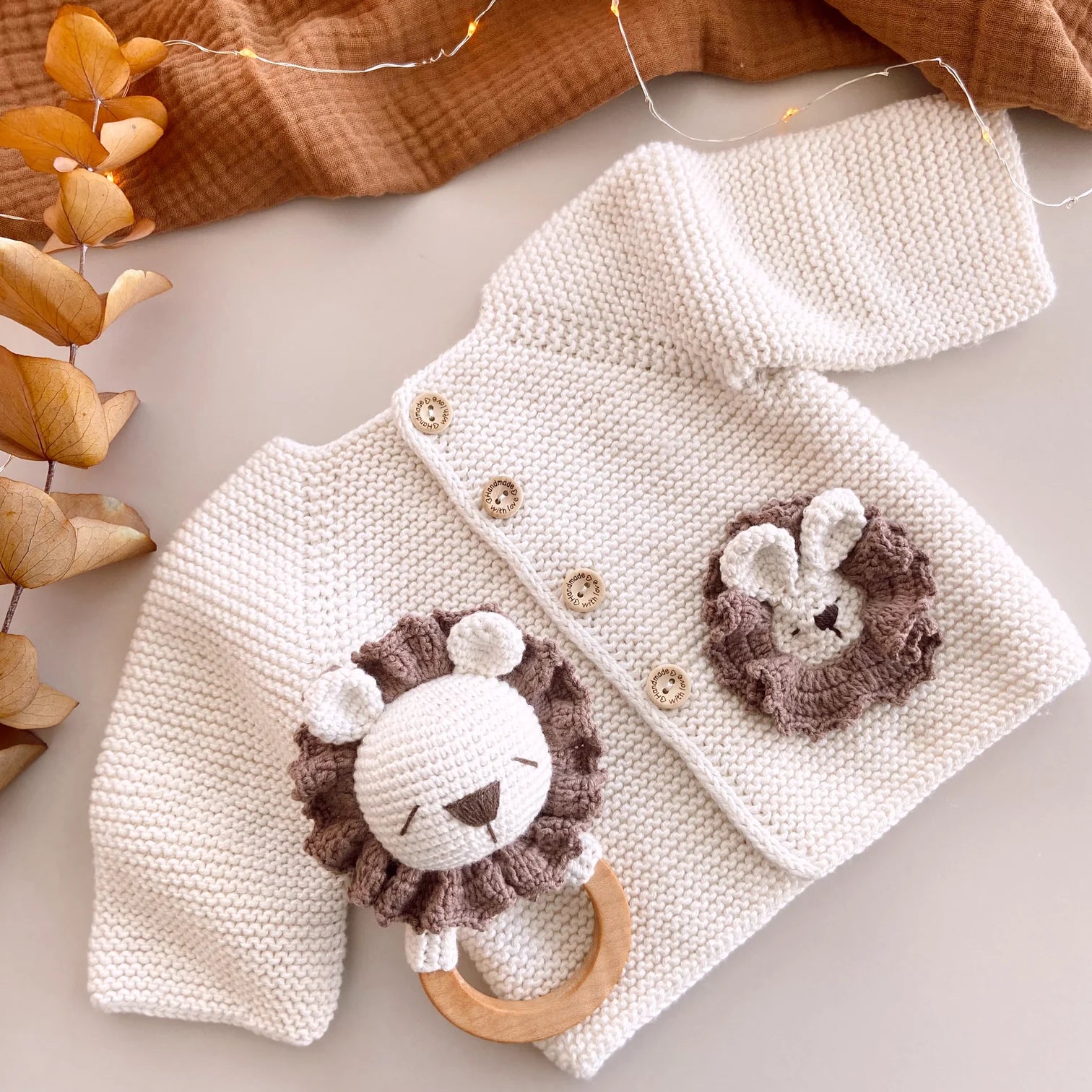 Hand Knitted Newborn Cardigan & Lion Rattle 2-Piece Set