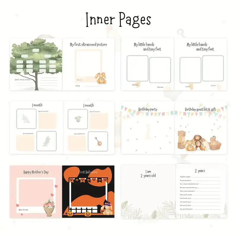 Baby memory book spread titled “Inner Pages” with milestone layout cards