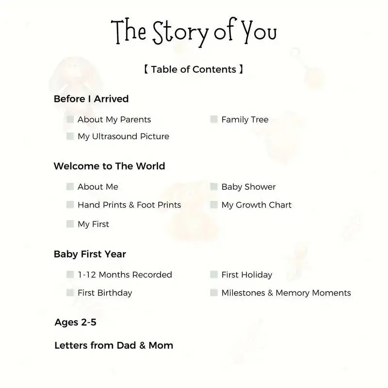Baby memory book table of contents titled “The Story of You”